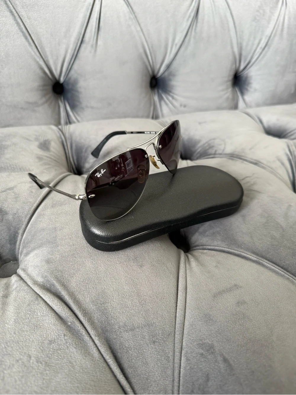 Ray-Ban RB3449 Rimless Aviator Sunglasses Silver Gray Gradient 59mm w/ Case